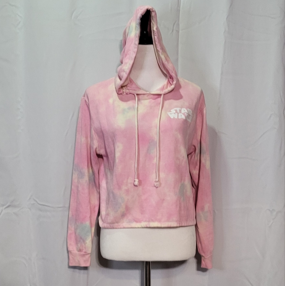Star Wars Women's Pink Semi-Crop Tie-Dye Pullover Hoodie Size Small/Medium EUC - Picture 4 of 15